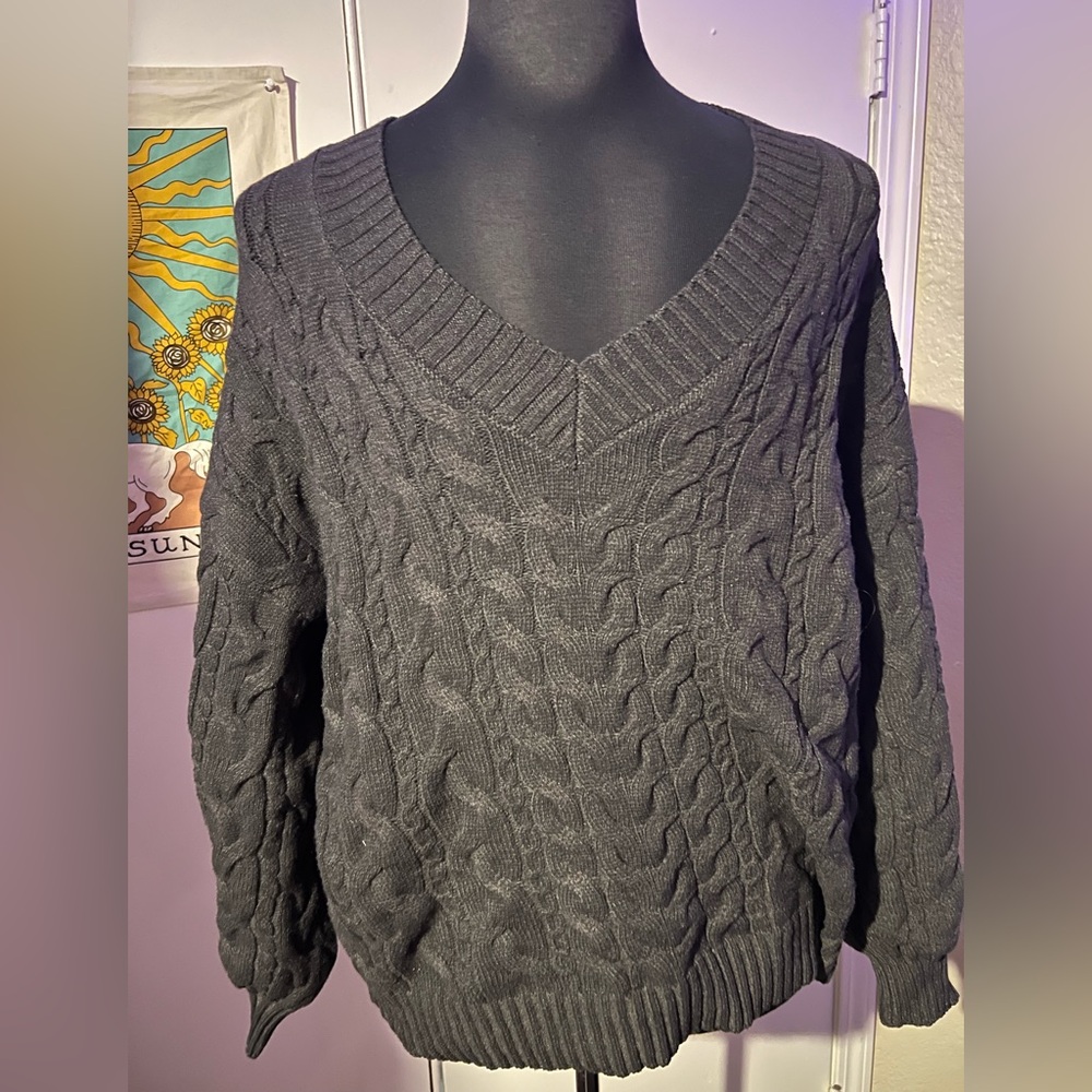 SHEIN Women's Charcoal V-Neck Cable Knit Sweater